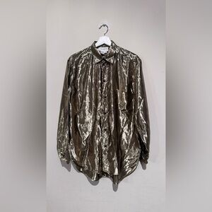 VINTAGE YEAR OF METALLIC GOLD BUTTON UP BLOUSE TOP  WOMEN M 80s 90s